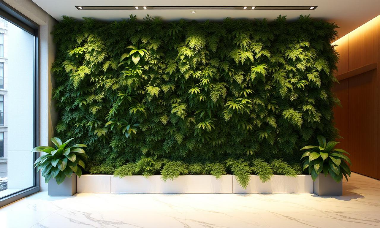 Lush vertical garden wall in a corporate New York office