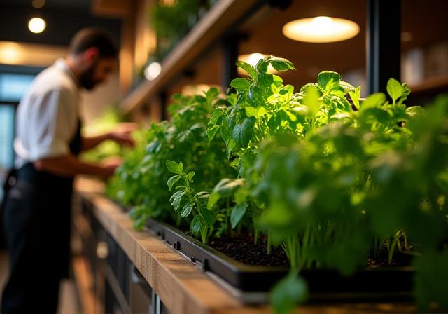 Restaurant interior with functional living herb wall