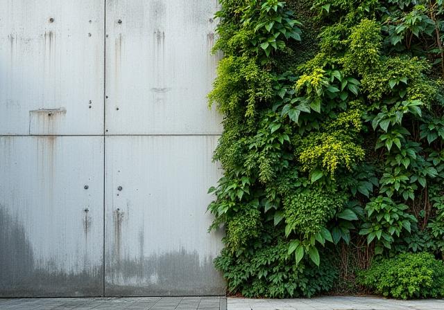 Side by side comparison of a grey wall and a lush vertical garden