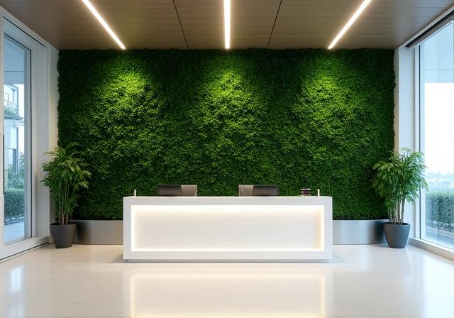 Professional office lobby with floor-to-ceiling biophilic wall