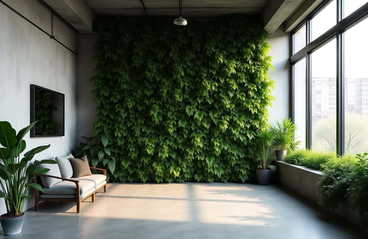 Lush green vertical garden in a minimalist New York apartment