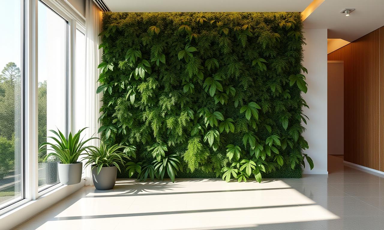 Lush green vertical garden wall in a luxury apartment